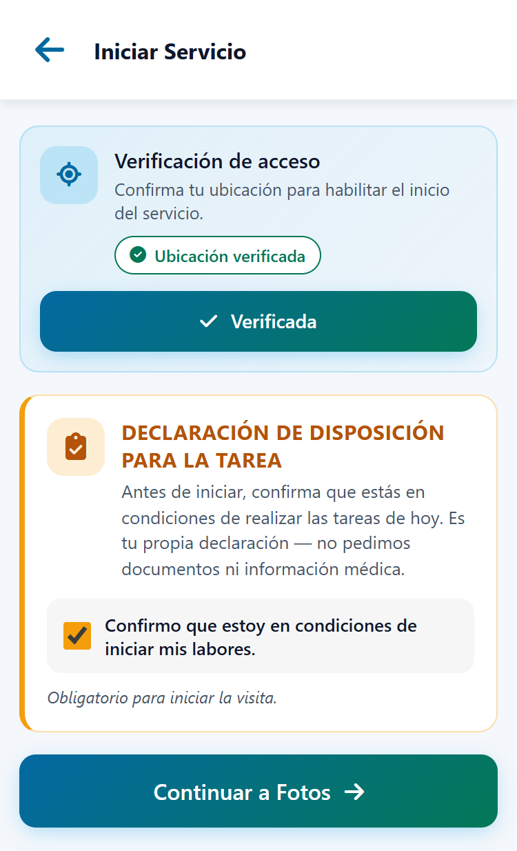 La pantalla «Iniciar servicio» de la app de limpieza: la ubicación verificada dentro del sitio y la declaración de disposición confirmada, antes de pasar a las fotos.